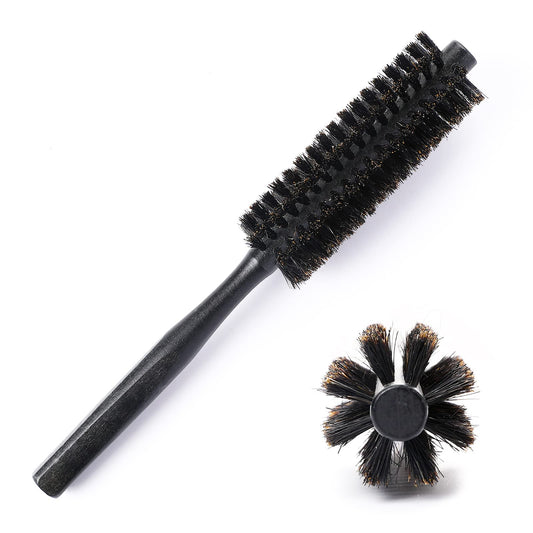 Boar Bristle Round Hair Brush,Small Round Brush Round Travel Hair Brush with Natural Wooden Handle Portable Hairbrush Roller Brush for Women Short Fine Hair, Mini Beard Brush for Men (Black)