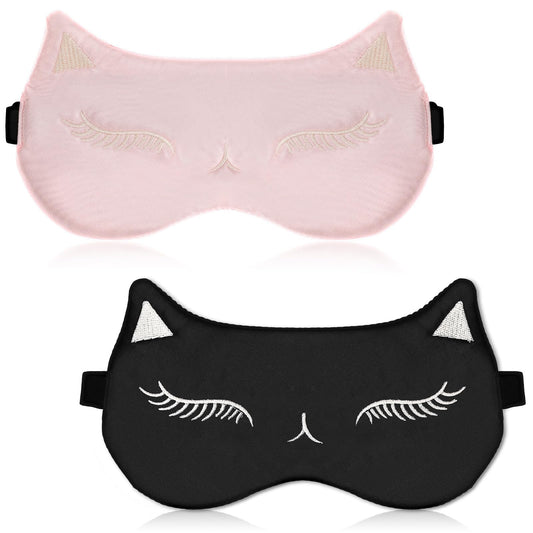 Cat Silk Sleep Eye Mask, 2 Pieces Cute Sleep Mask for Kids Weighted Sleeping Masks Soft Satin Eye Mask Cover with Adjustable Strap Night Eyeshade Blindfold Sleeping Eye Masks for Women Girls Boys