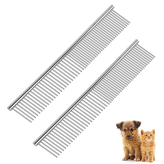 2 PCS Stainless Steel Pet Comb Metal Row Teeth Pet Comb Pet Grooming Comb Suitable for Large Medium Small Dogs and Cats, Short-Haired Long-Haired Fur Detangling Tool