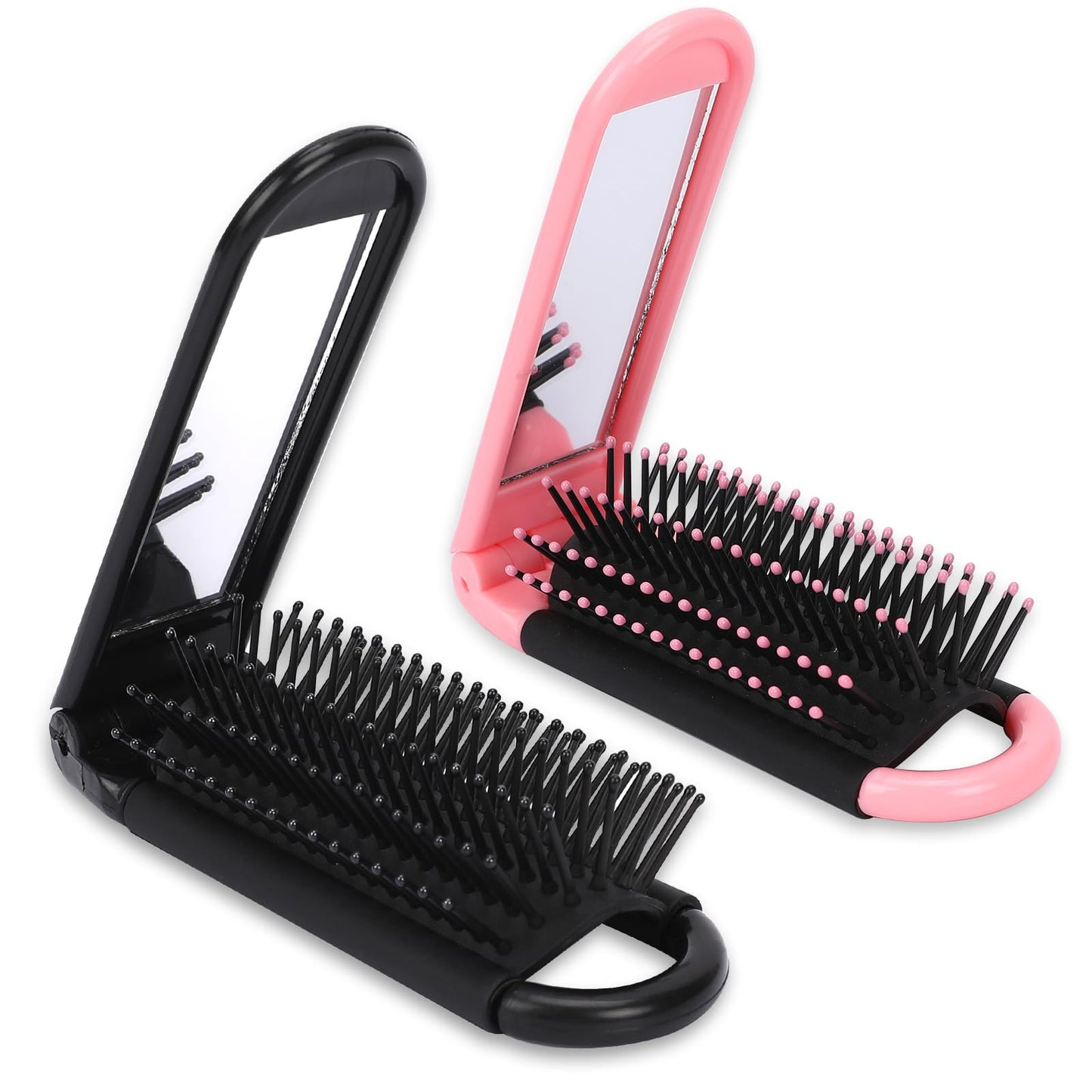 Travel Hair Brush with Mirror,2 Pack Folding Hair Brush Wet Hairbrush Travel Size Hair Massage Comb Compact Hair Brush Foldable Brush Pocket Hair Brush Hair Styling Tools Travel Brush（Black & Pink)