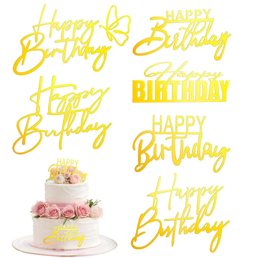 Happy Birthday Cupcake Toppers, 6 Pieces Gold Acrylic Cupcake Toppers Mini Happy Birthday Cake Toppers Happy Birthday Topper Cake Sign for Women Girls Birthday Anniversary Party Cake Decorations