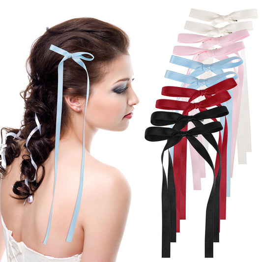 10 PCS Ribbon Tassel Hair Bows for Girls, Satin Long Tail Bowknot with Metal Alligator Clips Cute Princess Style Hair Barrettes Solid Color Ponytail Holder Bow Hair Clips Hair Accessories for Women