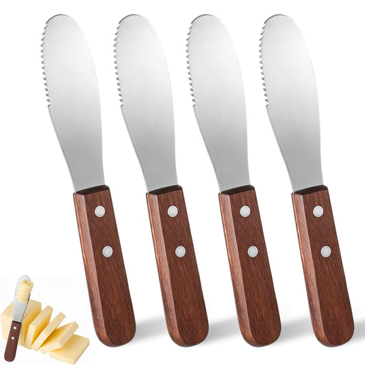 Fibraze 4 Pack Butter Spreader Knife Stainless Steel Cream Cheese Spreader with Wood Handle Butter Knife with Holes for Butters Cheese, Cream, Sandwich, and Condiment Serving