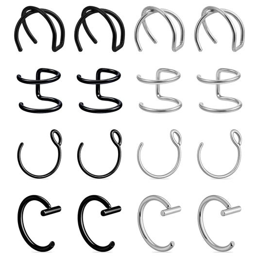 Eldraqth Fake Nose Piercing, 16 Pcs T Shaped Stainless Steel Fake Lip Ring 8mm False Lip Piercing Clip on Non Piercings Double Cartilage Helix Earrings Ear Cuff for Women Men (Silver, Black)