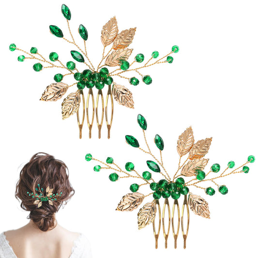 Wedding Hair Accessories for Bridal, 2 PCS Green Rhinestone Hair Side Combs Decorative Hair Combs Wedding Gold Leaf Vine Headdress for Women