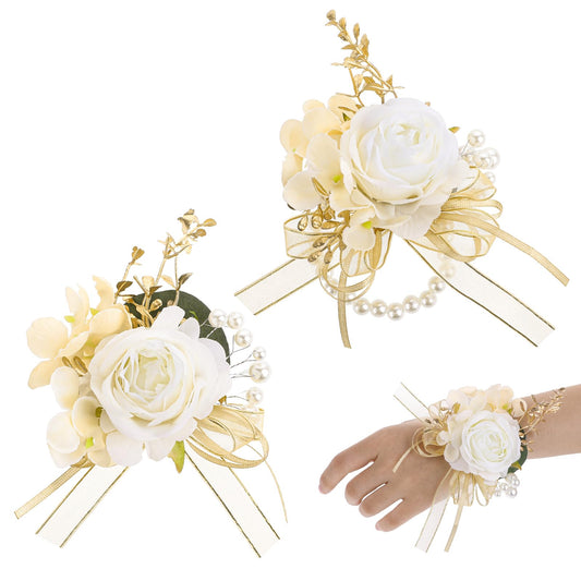 Rose Wrist Corsage and Boutonniere Set Artificial Corsage Wristlet Bride Bracelet and Groom Boutonniere for Wedding Anniversaries Proms Special Celebrations Flowers Accessories Suit Decorations