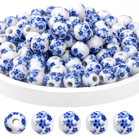100PCS 8mm Ceramic Beads Blue Flower Printed Spacer Beads Handmade Round Loose Porcelain Craft Beading Kit for DIY Jewelry Arts Crafts Necklace Bangle