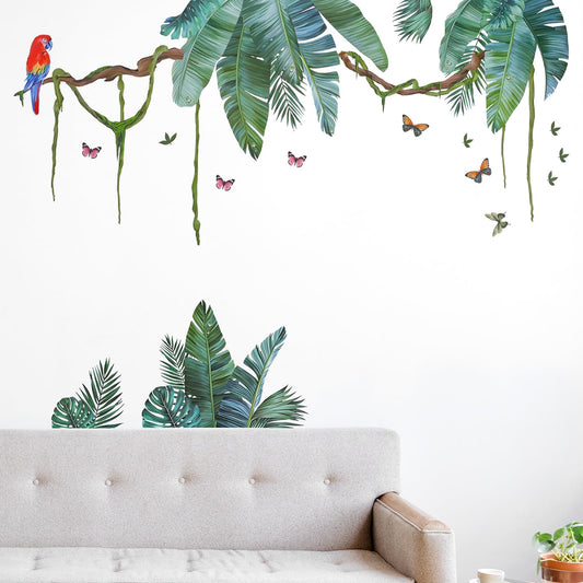 2 PCS Wall Decals Peel and Stick, Palm Leaf Wall Stickers Tropical Leaves Hanging Vines Green Plants Jungle Wall Decals for Living Room TV Background Bedroom Nursery Office Wall Decor