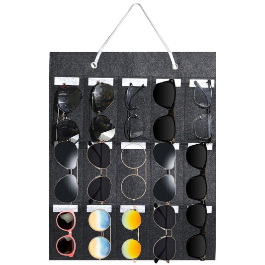 Mozeat Lens Felt Hanging Sunglasses Organizer 15 Slots Glasses Storage Bag Wall Hanging Glasses Storage Pockets Felt Sunglass Holder Glasses Display Stand