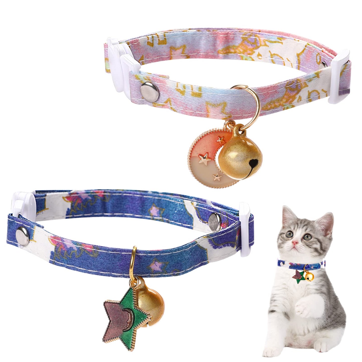 2 Pcs Adjustable Cat Collar with Moon and Star Kitten Collar with Bell Breakaway Cat Collar with Quick Release Buckle Cute Kitty Collar for Cats Kitten