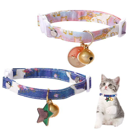 2 Pcs Adjustable Cat Collar with Moon and Star Kitten Collar with Bell Breakaway Cat Collar with Quick Release Buckle Cute Kitty Collar for Cats Kitten