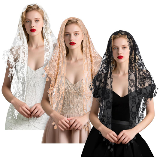 3 Pcs Mantilla Catholic Chapel Veils, Triangle Veil Cathedral Head Covering Triangle Lace Tulle Scarf Covering for Women Girls Church Headband Floral Headwrap Latin Mass Veils for Wedding Bridesmaid