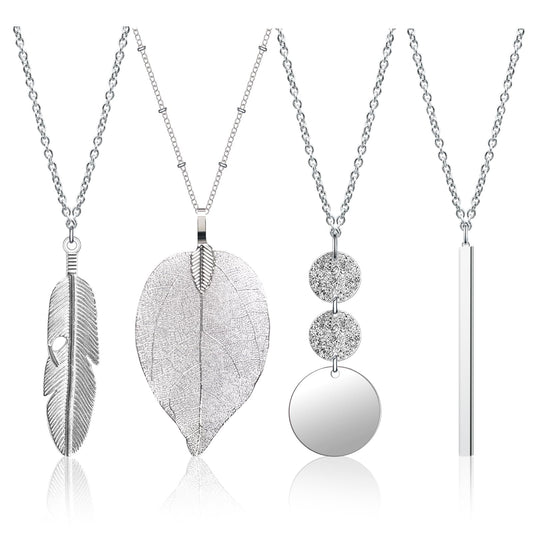 Long Pendant Necklaces for Women Trendy,4 Pcs Boho Style Pendant Necklace Long Sweater Necklaces Set Silver Bar Feather Circle Leaf Lock Tassel Y Necklace Jewelry Set Statement Necklace for Women