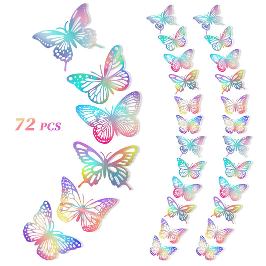 Pack of 72 3D Butterfly Butterflies Decorative Butterfly Wall Stickers Laser Butterflies for Bouquets Removable Butterfly Decorations for Wall Decoration Party Cakes (6 Styles 3 Sizes)