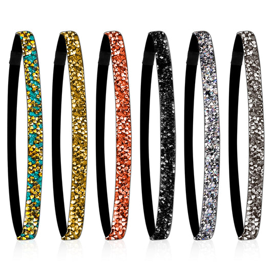 Elastic Shiny Headbands for Women, 6 Pieces Glitter Headbands Non-slip Rhinestone Headband Adjustable Size Sparkly Headband Fabric Hairband for Sports, Yoga, Hair Accessoris for Women