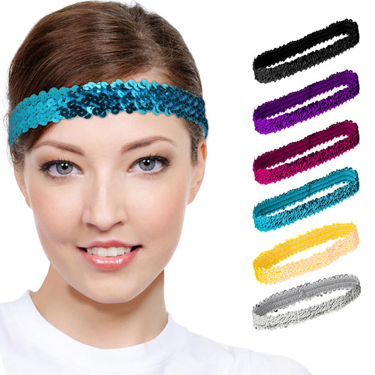 Elastic glitter headband for Girls, 6 PCS Sparkly Sequin Headband Adjustable Size Disco Headband Bling Sport Head Band for Women (6 Color)