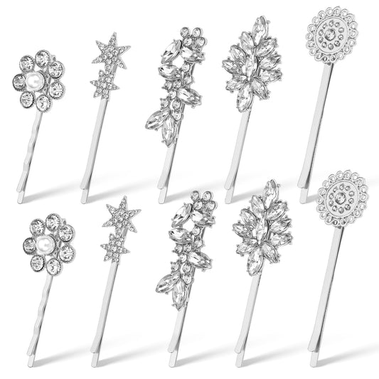 10 Pieces Crystal Hair Clip Rhinestone Bobby Pins Small Crystal Bobby Pins Sparkly Hair Clips Pin Glitter Hairpins Styling Hair Accessories for Women Girls All Hair Types, Silver