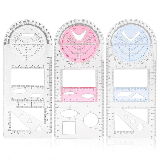 KALIONE Multifunctional Geometric Rulers Set, 3 Packs Clear Stencils for Drawing, Multi Angle Measuring Ruler, Plastic Centimeter Ruler, Drawing Measuring Ruler Tools Supplies for Adults School Office