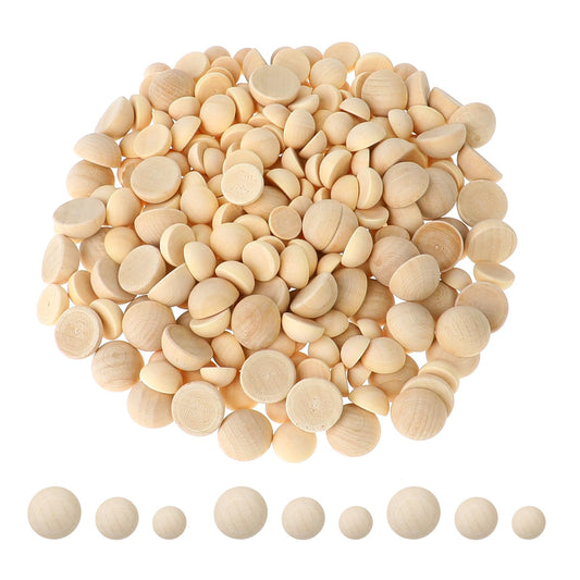 KALIONE 300pcs Wood Half Balls (10mm, 12mm, 15mm) for Crafts, Unfinished Natural Hemispherical Wood Beads, DIY Paint Woodworking Art Crafts Decoration