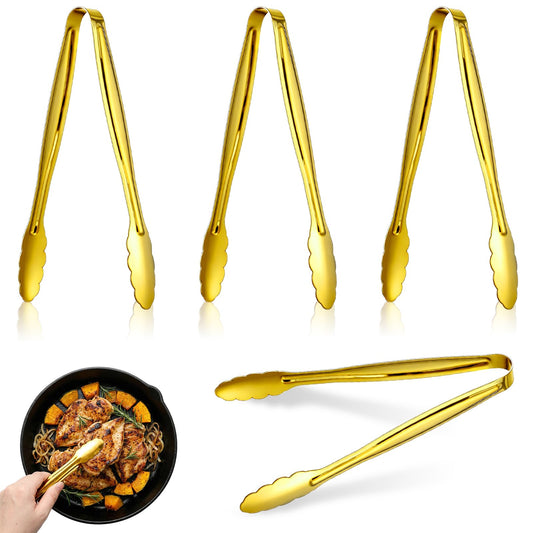 4 Pack Gold Tongs for Serving Food, Small Tongs Stainless Gold Buffet Supplies Tong for Party Dessert Ice Sugar Steak Cube Salad Appetizers Bread (6 Inch)