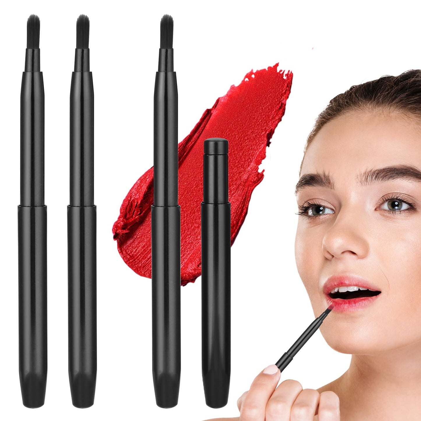 Retractable Lip Brushes,4 Pack Portable Lip Liner Brush Professional Lpstick Brush Retractable Lip Balm Applicator Flat Lipstick Makeup Brush with Cap Makeup Tools for Women