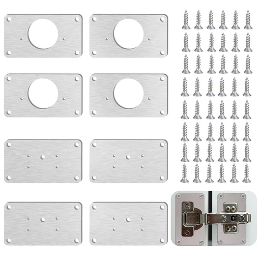 Hinge Repair Kit 8 PCS Cabinet Hinge Repair Plate, Thick Hinge Repair Plate Kit with Hole for Cabinet Kitchen， Stainless Steel Hinge Repair Board Hinge Fixing Plate Bracket Kit with 48 Mounting Screw