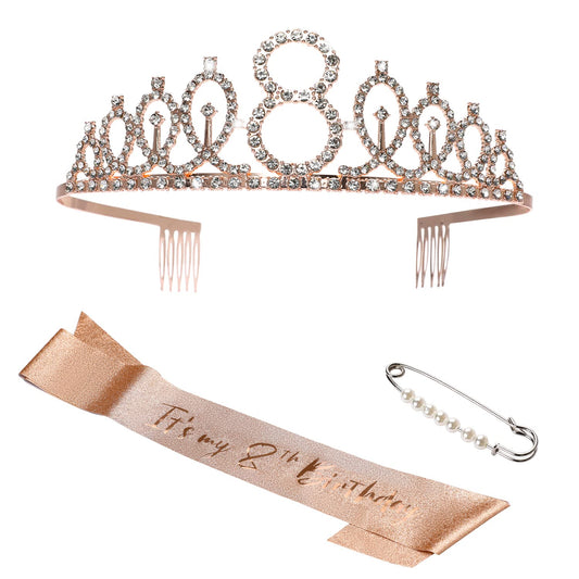 8th Birthday Party Supplies,Sash and Tiara for Girls,Rose Gold Rhinestone Tiara Birthday Sash Crown Birthday Party Favors Supplies 8th Birthday Gifts for Happy 8th Birthday Party Supplies