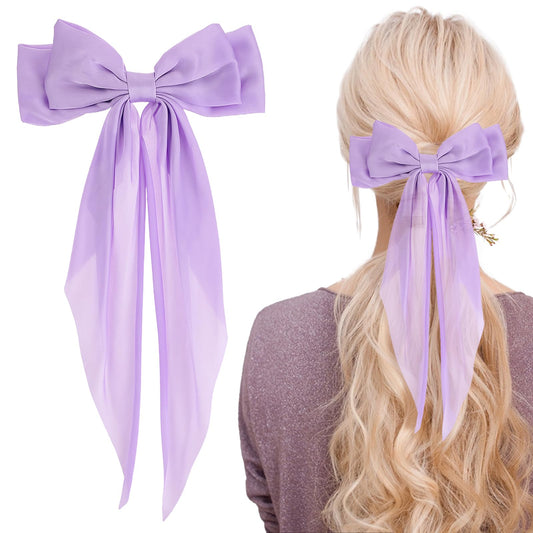 Silky Satin Hair Bows, 1 Pack Large Size Bowknot with Metal Spring Clip Oversized Long Tail Hair Ribbons Ponytail Holder French Barrettes Purple Butterfly Hair Accessories for Women, Christmas Gifts