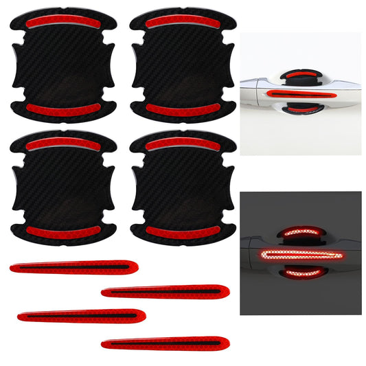 8 Pcs 3D Carbon Fiber Auto Door Handle Scratch Protection Cover Guard Film Red Door Cup Handle Safety Reflective Strips Universal Car Door Handle Protector Stickers