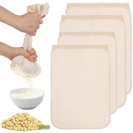 Pack of 4 Nut Milk Bags 2 Sizes Fine Mesh Straining Cloth with Drawstring Fine Mesh Nut Milk Bag Reusable Fine Mesh Filter Pure Cotton for Cheese Fruit Juice Coffee Vegetable Juice