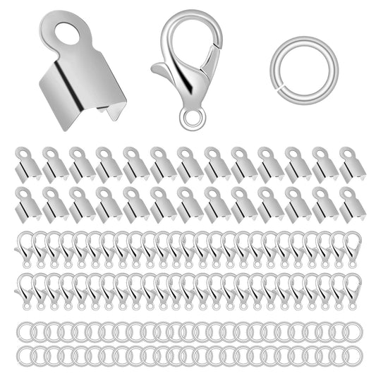 450Pcs Jewelry Making Accessories Kit, 200 Lobster Clasps, 200 Jump Ring Connectors, 200 End Caps for Jewelry Making, Bracelet Clasps and Closures, Fold Over Crimp Cord Ends for Necklace Bracelet
