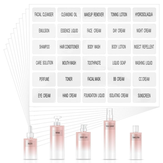450 Pcs Waterproof Labels for Travel Size Bottles Clear Removable Sticker Bathroom Beauty Organization Labels for Refillable Cosmetic Jars Lotion Cream Body Wash Shampoo