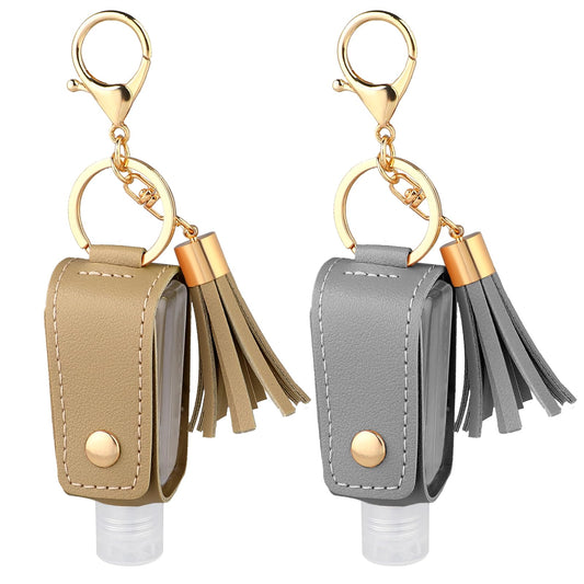 Mozeat Lens 2 Pcs Small Hand Sanitizer Keychain Portable Leather Hand Sanitizer Holder Leakproof Plastic Empty Bottles Hand Sanitizer Travel Holder Bottle for Lotion Liquid Soap Shampoo Grey Yellow