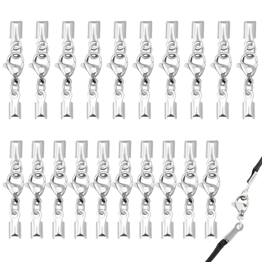 20 Pcs Silver Lobster Clasps with Cord Ends Stainless Steel Claw Clasps Bracelet Clasp 4 mm Lobster Clasp Leather Cord Chain Connector for Jewelry Making Necklace DIY Craft
