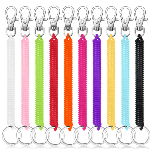Mozeat Lens 10Pcs Stretchy Spiral Keyring Colourful Plastic Keychain Safety Theftproof Anti-Lost Stretch Cord Key Ring Spring Key Holder for School, Work, 10 Colors