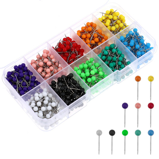 1000 PCS Colored Round Map Pins, Map Push Pins Map Tacks Decorative Straight Pins with Assorted Colored Round Heads Stainless Point Push Pins for Travel Map