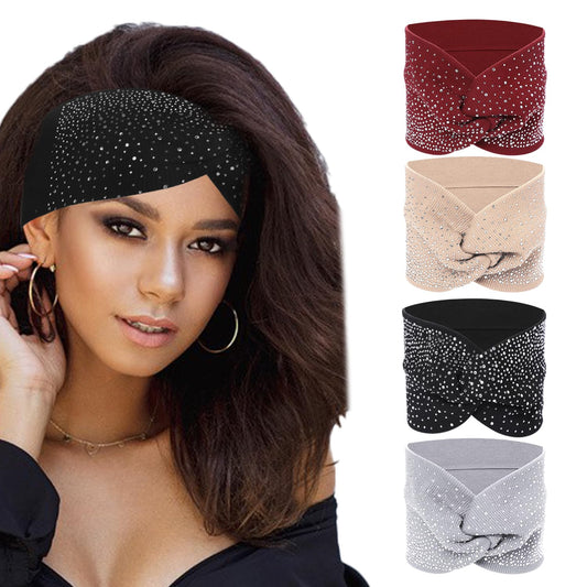 4 Pack Wide Headbands for Women, Rhinestone Headbands Boho Sparkly Headbands Soft Dressy Headbands Vintage Jeweled Headbands Fabric Cotton African Head Wraps for Yoga, Running, Hiking and Cycling