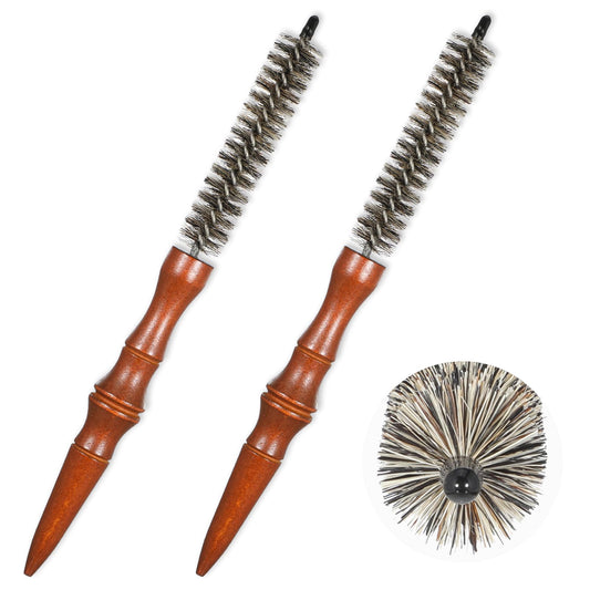 Small Round Hair Brush, 2 Pack Blow Drying Brushh with Natural Wooden Handle and Boar Bristle, Portable Styling Hairbrus for Women's Short/Thin Hair, Beard Brush for Men
