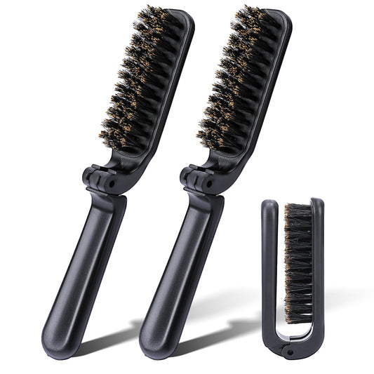 2 Pcs Travel Hair Brush,Folding Boar Bristles Brush Collapsable Pocket Hair Brush Anti-Static Range Hair Brush Mini Beard Brush Portable Hair Styling Tool for Women and Men (Black)