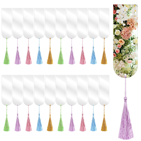 20pcs Clear Acrylic Bookmarks Blank with 20pcs Tassels, Transparent DIY Craft Bookmark Half Round Unfinished Book Marker Tags Pressed Flower Bookmark Kit for Vinyl Projects and Present Gift Tags