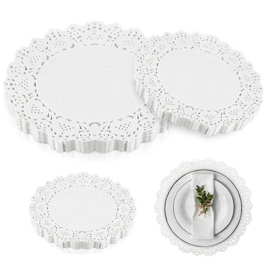 Mozeat Lens 90 Pack White Paper Doilies Assorted Sizes Round Lace Paper Doilies Decorative Paper Placemats Doily for Dining Table Cake Crafts Party Wedding Tableware Decor 5.5Inch, 7.5Inch, 9.5Inch