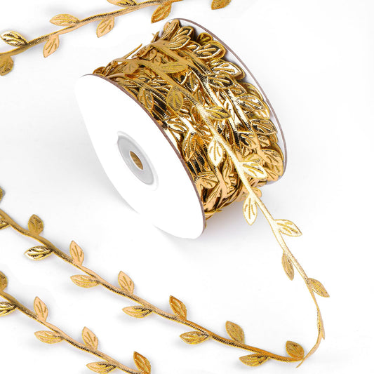 32.8 Yard Gold Leaf Ribbon Gold Leaves Trim Rope Artificial Gold Leaf Garland Double Sides Gold Leaf Ribbon Trim Rope Garland Leaf String for DIY Crafts Christmas Tree Decorations
