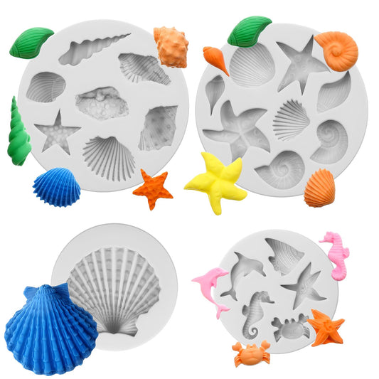 Set of 4 Under the Sea Silicone Moulds, Shell Moulds, Fondant Cake Decorations, Snails, Starfish, Ocean Baking Mould for Chocolate, Sweets, Cakes, Polymer Clay, Rubber Paste Crafts