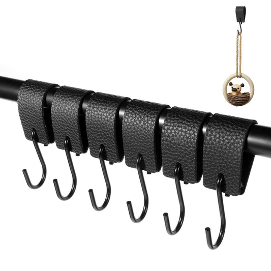 FdcLixuvol S Hooks Black with Leather Loop, Pack of 6 Coat Hooks, Black Coat Hooks, Butcher Hooks, Coat Hooks, Metal Hooks for Clothes Rail, Kitchen, Bathroom
