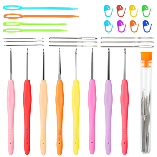 29 Pcs Crochet Hooks Set 1mm-2.75mm Ergonomic Handle Crochet Hooks, Small Crochet Hooks with Big Eye Needle, Crochet Needle Set for Crocheting Beginners, Deep Hook Crochet Needles for Yarn Craft