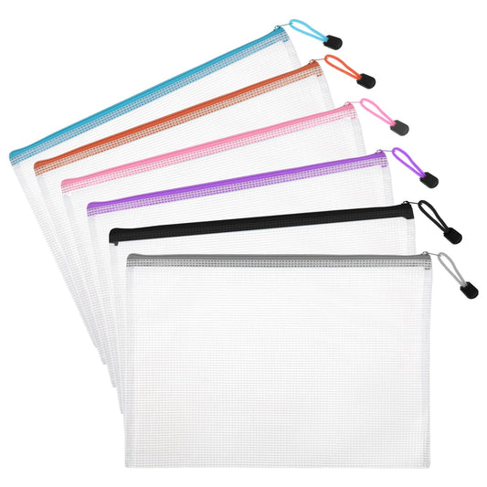 Mesh Bags with Zipper, 6 PCS A4 Mesh Zipper Pouch Bags Waterproof Clear Zipper Pouches for Organizing, Plastic Mesh Storage Bags File Bags for Puzzle Board Games and Office Supplies