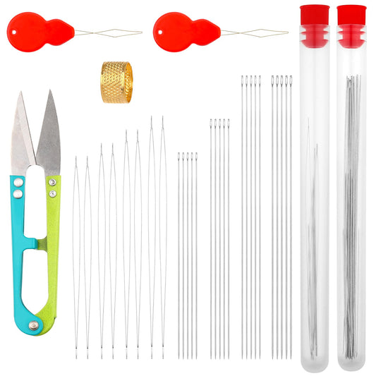 34 PCS Beading Needles Set, Assorted Size Seed Beads Needles for Jewelry Making Include Long Straight Beading Thread Needles Big Eye Beading Needle Threaders Thimble and Needle Bottle Beading Supplies