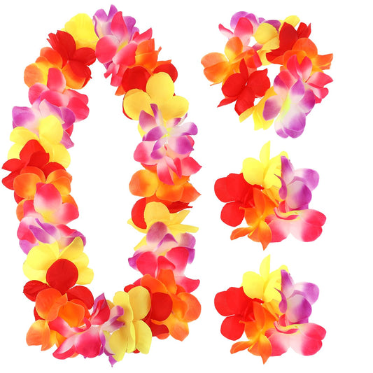 4 Packs Colorful Hawaiian Leis Artificial Graduation Leis Hawaiian Flower Necklace Headband Garland Hand Garlands Leis Set Accessories for Women Girls Luau Hula Dance Party Costumes Decorations,Orange