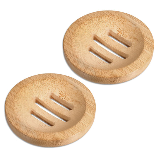 Bamboo Soap Dish, 2 Pcs Round Wooden Soap Holder Natural Wood Soap Tray Self Draining Soap Dish for Bathroom Shower Kitchen Sink