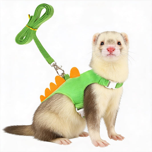 Ferret Harness and Leash Set, Dinosaur Shaped Harness Leash for Training Playing Small Animals Vest Harnesses with Safe Bell for Rabbit Hamster Teacup Chihuahua and Other Small Animals